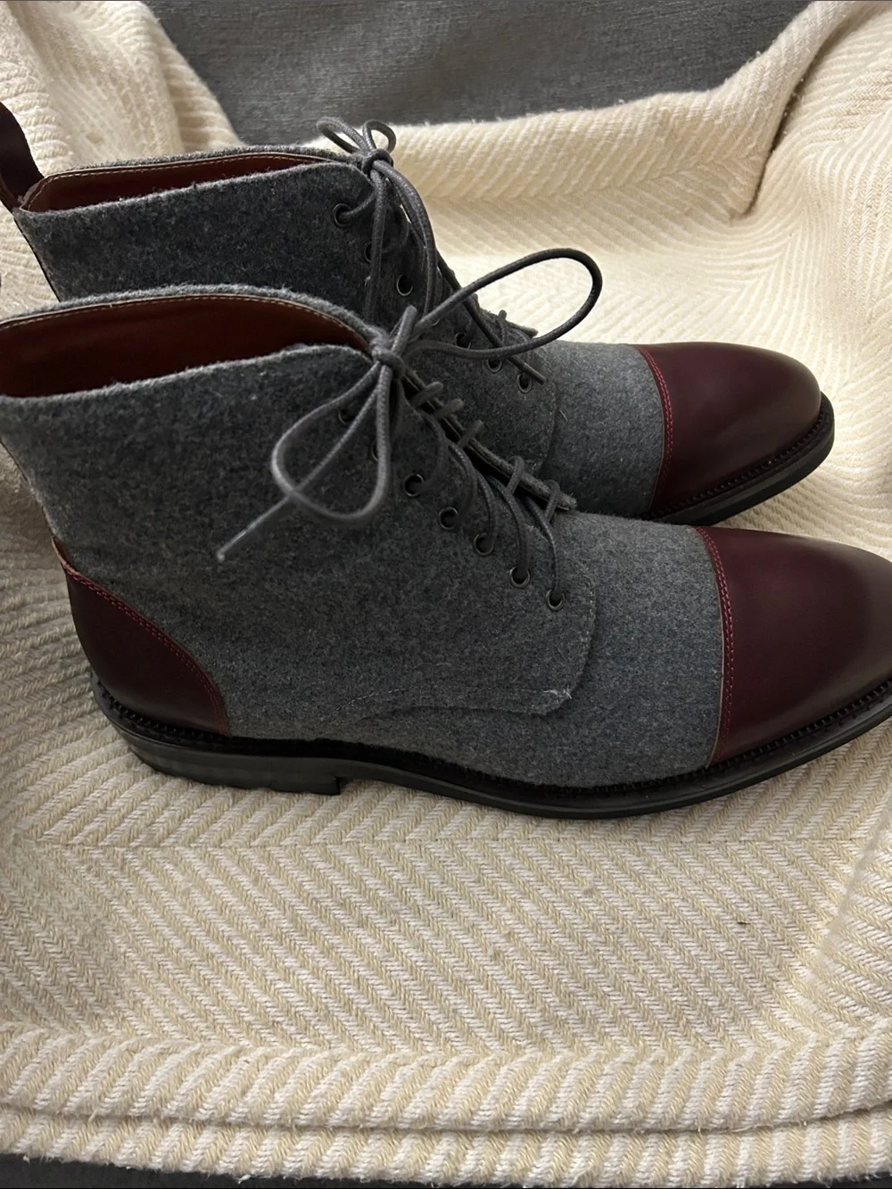 Vintage Foundry Remington Grey Wool & Burgundy Leather Cap-Toe Lace-Up Boots